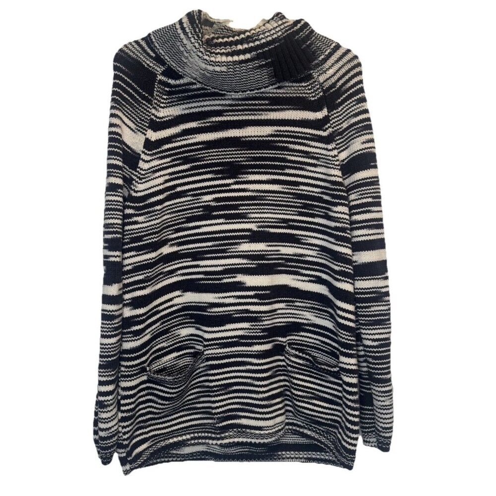 Lucky Brand Women’s Black White Space Dye Cowl Cable Knit Pullover Sweater Sz M